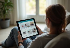 Une femme assise sur un canapé consulte une application de révision du Code de la Route sur une tablette numérique, dans un intérieur lumineux.
