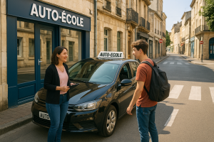 Une monitrice d’auto-école discute avec un jeune élève devant une voiture d’apprentissage stationnée dans une rue calme d’Arpajon. L’enseigne "AUTO-ÉCOLE" est visible sur la façade d’un bâtiment ancien en pierre.