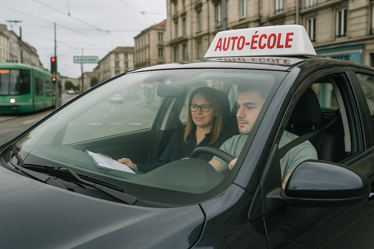 Un jeune homme concentré apprend à conduire avec une monitrice dans une voiture d’auto-école à Saint-Étienne. En arrière-plan, on aperçoit un tramway vert typique et des bâtiments du centre-ville.