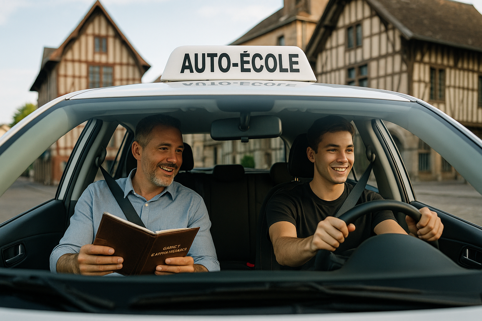 Un élève au volant d’une voiture d’auto-école conduit dans le centre historique de Troyes, sous la supervision souriante de son moniteur. En arrière-plan, on aperçoit les maisons à colombages typiques de la ville.