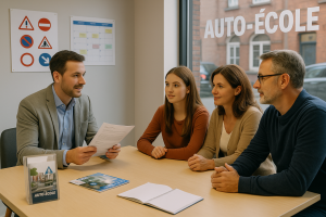 Une adolescente accompagnée de ses parents échange avec un responsable d’auto-école dans un bureau lumineux à Valenciennes. Sur la table : brochures, carnet de conduite et documents d’inscription. En arrière-plan, des panneaux de signalisation et un planning mural complètent la décoration.