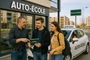 Un moniteur d’auto-école discute avec un jeune homme tenant un carnet d’apprentissage, pendant qu’une jeune femme souriante les écoute. En arrière-plan, une voiture d’apprentissage blanche est stationnée devant une auto-école vitrée, avec un panneau indiquant "Vaulx-en-Velin" visible dans la rue.