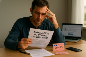 Un homme lit avec inquiétude une lettre d’annulation de son permis de conduire, assis à une table. À côté de lui, un permis marqué « INVALIDÉ », des papiers administratifs, un stylo et un ordinateur ouvert soulignent la gravité de la situation.