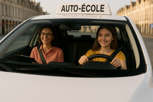 Une jeune femme conduit une voiture d’auto-école dans le centre historique d’Arras, accompagnée d’une monitrice souriante tenant un carnet. En arrière-plan, on distingue les façades flamandes emblématiques et les pavés de la Grand-Place, baignés par une lumière de fin de journée.