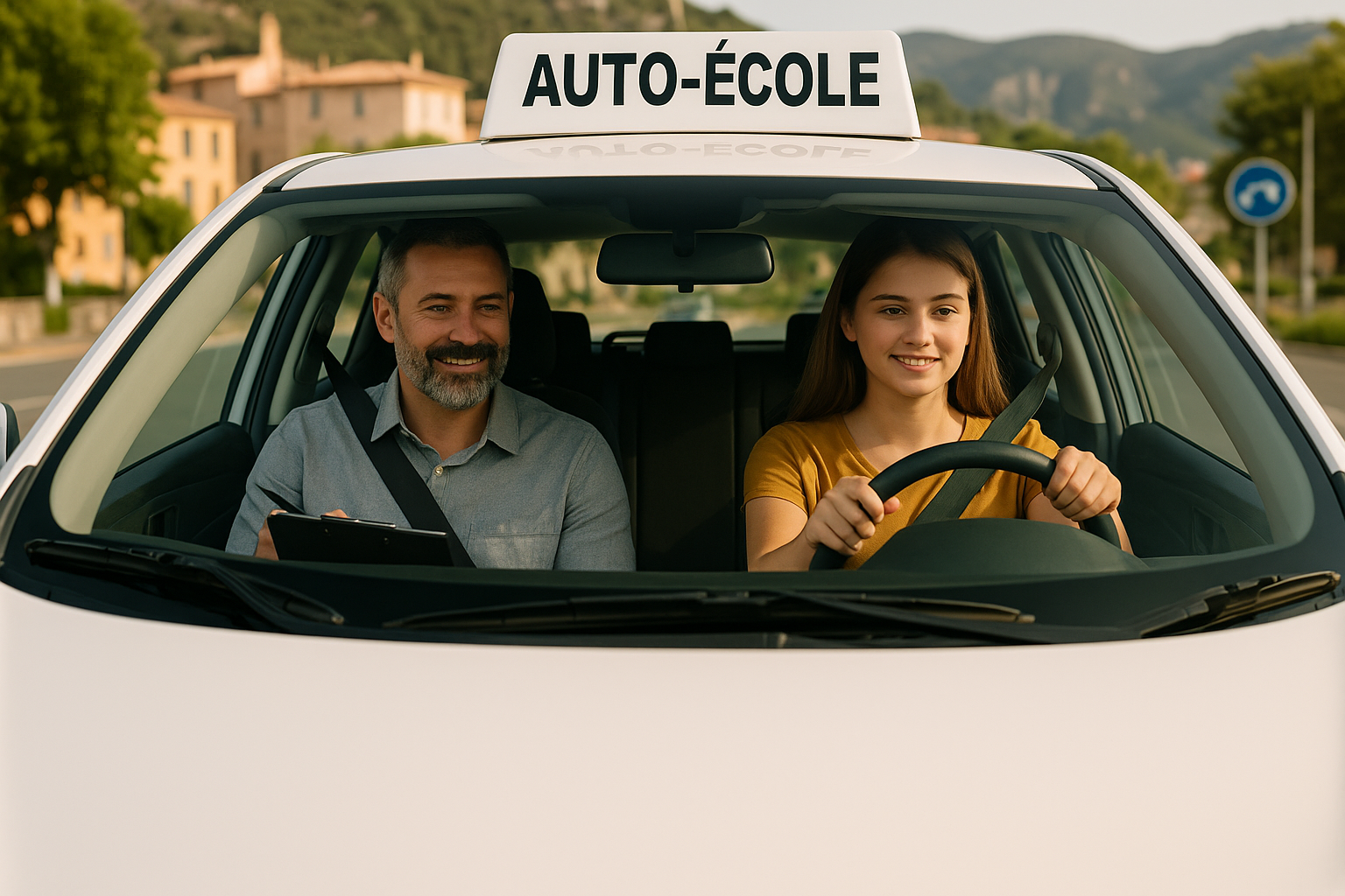 Une jeune femme souriante est au volant d’une voiture d’auto-école, encadrée par un moniteur assis à ses côtés. Tous deux portent leur ceinture de sécurité. En arrière-plan, on aperçoit les collines provençales et des bâtiments typiques du sud, sous une lumière dorée de fin de journée.