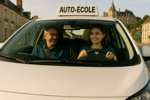 Une jeune femme au volant d’une voiture d’auto-école suit une leçon de conduite à Blois, accompagnée d’un moniteur souriant. À travers le pare-brise, on distingue l’architecture typique de la ville et une vue en arrière-plan du château royal de Blois.