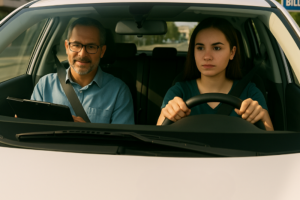 Une jeune femme conduit une voiture d’auto-école dans une rue moderne et arborée de Boulogne-Billancourt. À ses côtés, un moniteur attentif l’accompagne avec une tablette à la main. En arrière-plan, des immeubles résidentiels récents et un panneau indiquant « Boulogne-Billancourt » sont visibles.