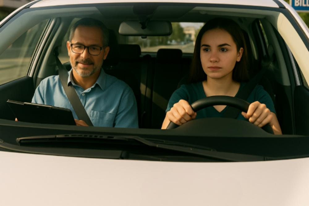 Une jeune femme conduit une voiture d’auto-école dans une rue moderne et arborée de Boulogne-Billancourt. À ses côtés, un moniteur attentif l’accompagne avec une tablette à la main. En arrière-plan, des immeubles résidentiels récents et un panneau indiquant « Boulogne-Billancourt » sont visibles.