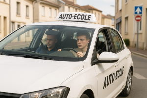 Un jeune homme concentré conduit une voiture d’auto-école blanche sous la supervision attentive de son moniteur, assis à côté de lui avec un carnet en main, dans une rue calme aux façades claires.