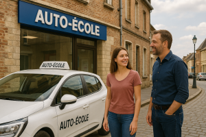 Une jeune femme se tient debout à côté d’un véhicule d’auto-école, souriante, en compagnie de son moniteur devant la vitrine d’une auto-école à Cambrai. Rue pavée et bâtiments en briques typiques du nord.