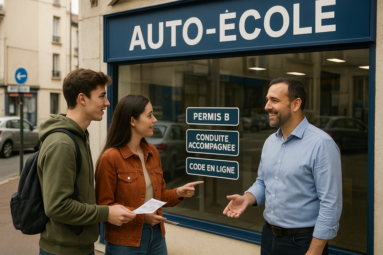 Deux jeunes adultes discutent avec un moniteur d’auto-école devant une vitrine affichant les offres de formation à Champigny-sur-Marne. Ils semblent intéressés et consultent un flyer.