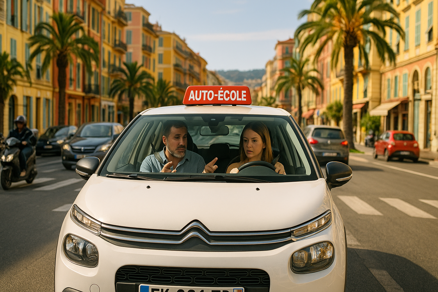 Une jeune femme au volant d’une voiture d’auto-école Citroën C3 blanche, concentrée pendant une leçon de conduite dans le centre-ville ensoleillé de Nice. À sa gauche, le moniteur lui donne des indications. En arrière-plan, on aperçoit des immeubles colorés typiques de la ville et des palmiers bordant l’avenue.