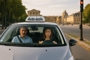 Une jeune élève conductrice assise à droite au volant d’une voiture d’auto-école, concentrée, les mains sur le volant, avec son moniteur assis à gauche. À l’arrière-plan, on aperçoit le Château de Versailles et un feu de circulation au rouge. La scène se déroule en fin d’après-midi, sur une avenue bordée d’arbres.