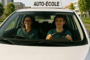 Un jeune homme apprend à conduire dans une voiture d’auto-école, accompagné d’une monitrice souriante tenant un carnet. La scène se déroule dans un quartier moderne et arboré de Villeneuve-d’Ascq, sous un ciel dégagé.