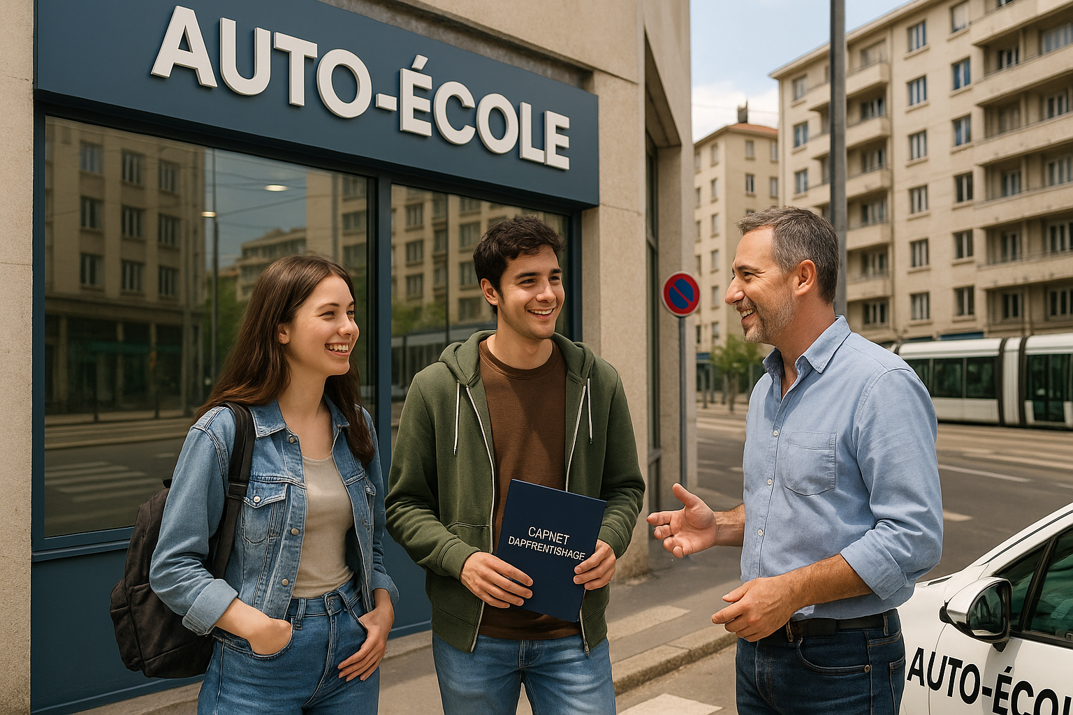 Trois personnes souriantes discutent devant une auto-école à Villeurbanne : deux jeunes adultes et un moniteur. L'enseigne "AUTO-ÉCOLE" est visible sur la vitrine, et un tramway circule à l’arrière-plan dans une rue typiquement urbaine.