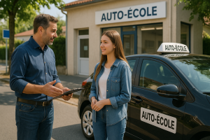 Un moniteur d’auto-école discute avec une jeune élève conductrice devant une auto-école des Artigues-près-Bordeaux. Une voiture d’apprentissage noire est garée à proximité, avec le panneau "AUTO-ÉCOLE" bien visible.