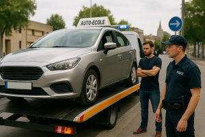 Un homme observe avec inquiétude sa voiture en train d’être chargée sur une dépanneuse sous la surveillance d’un policier en uniforme. La scène se déroule en plein jour, dans une rue urbaine calme.