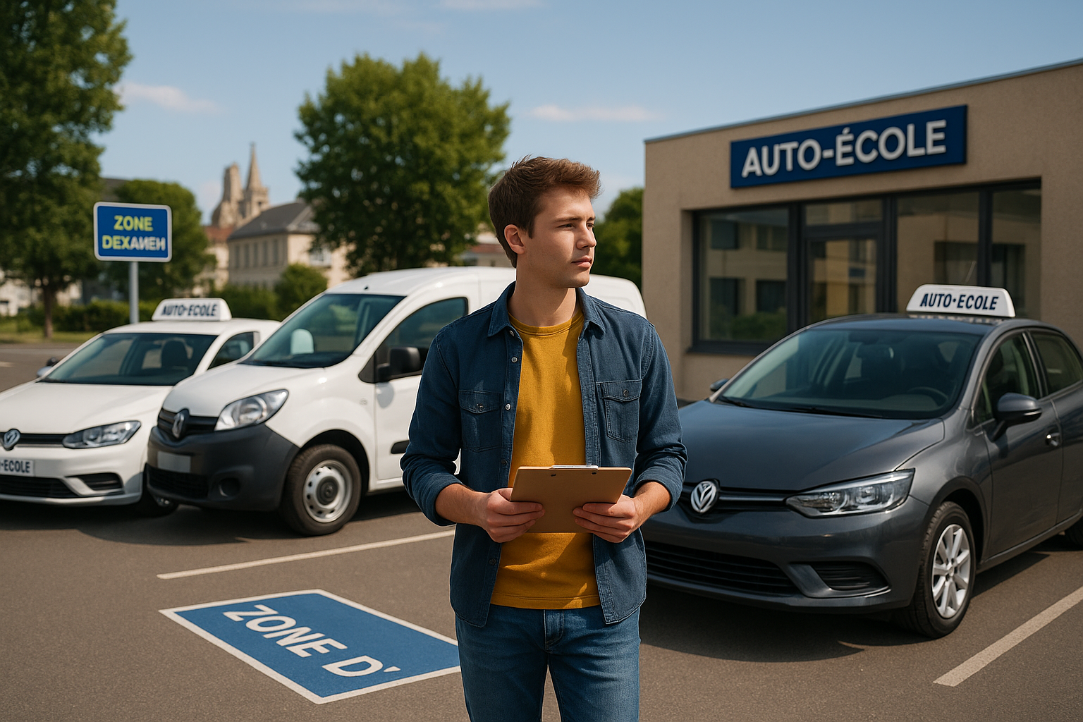 Un jeune homme tient une tablette ou un livret d’apprentissage sur un parking d’auto-école. Il est entouré de trois véhicules : une voiture de tourisme, une voiture d’apprentissage et un petit utilitaire blanc. À l’arrière-plan, on aperçoit un bâtiment avec l’enseigne "Auto-école" et un panneau indiquant une zone d’examen. L’ambiance est calme et ensoleillée.