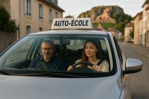 Une jeune femme souriante conduit une voiture d’auto-école dans une rue paisible de Belfort. À ses côtés, un moniteur observe calmement, un carnet posé sur ses genoux. En arrière-plan, on aperçoit le célèbre Lion de Belfort sculpté dans la roche.