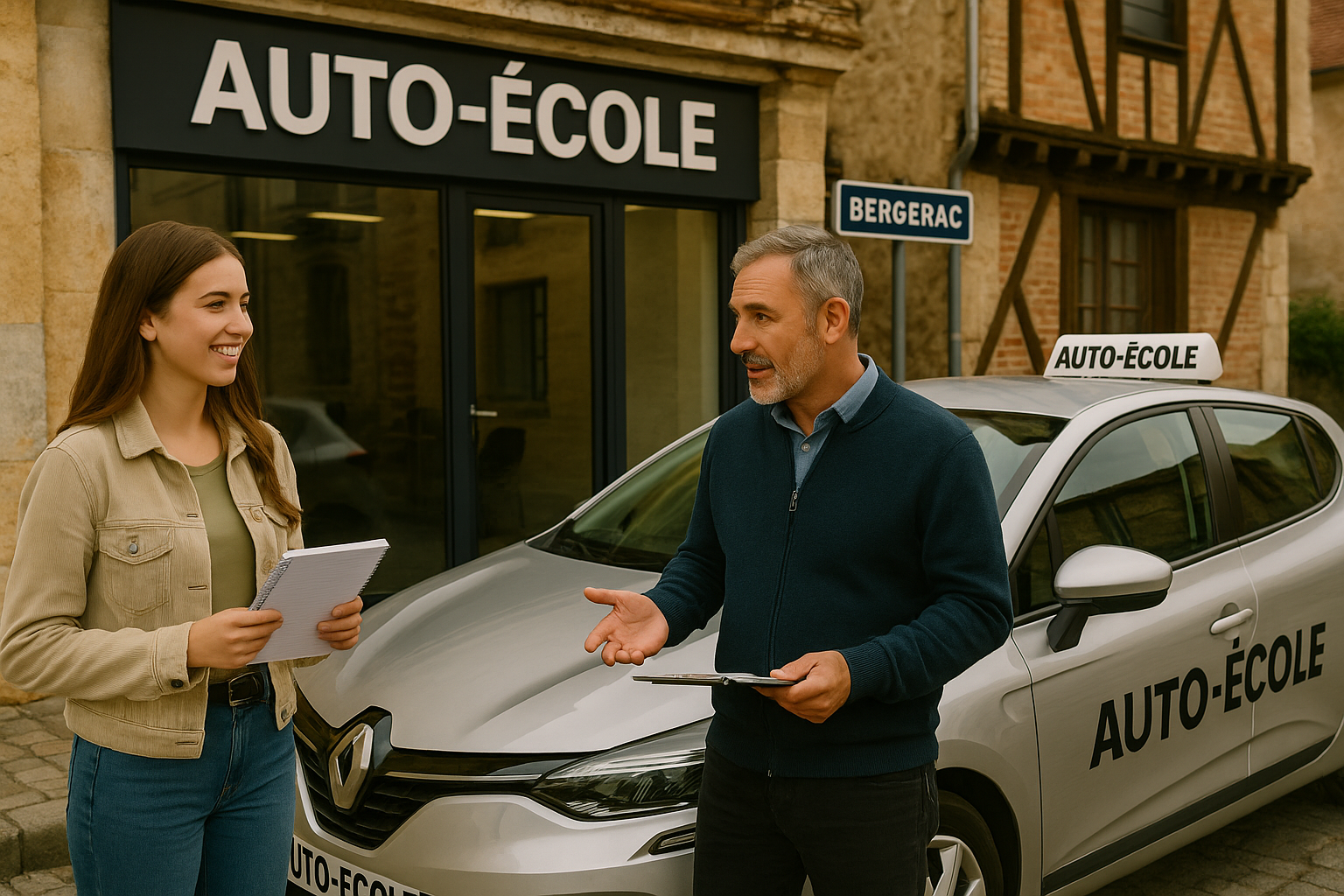 Une jeune femme souriante tient un carnet d’apprentissage et écoute un moniteur d’auto-école qui lui explique les prochaines étapes. Ils se tiennent debout devant une voiture auto-école blanche stationnée devant un bâtiment en pierre typique de Bergerac, avec un panneau indiquant le nom de la ville en arrière-plan.