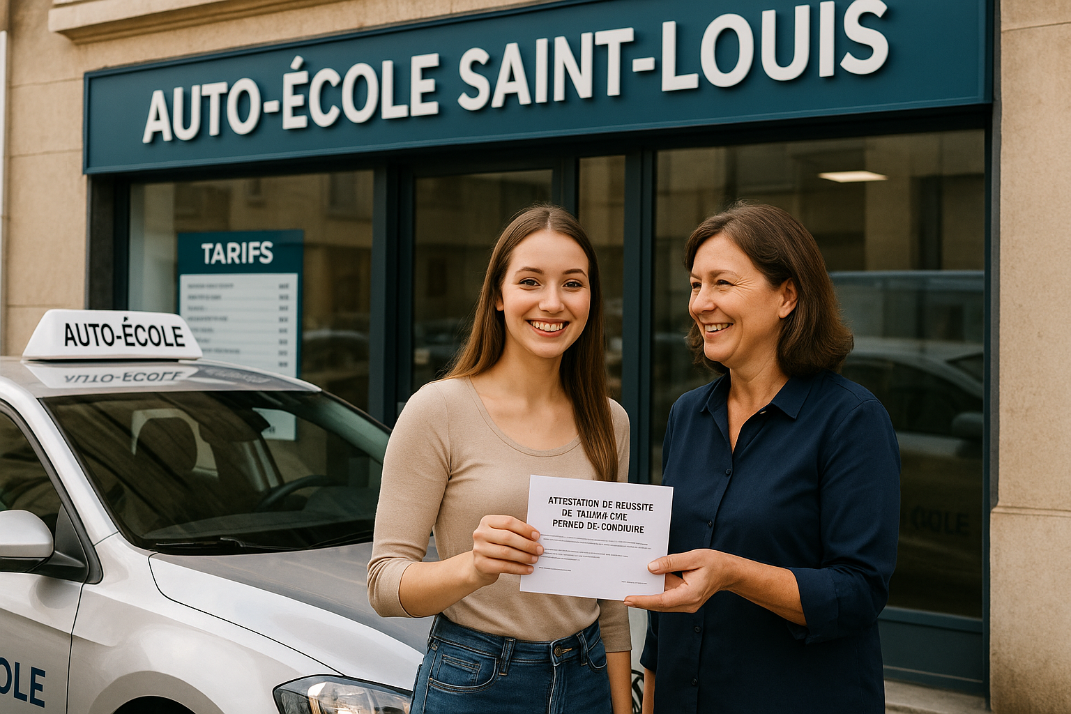 Une jeune femme souriante reçoit son attestation de réussite au permis de conduire devant l’Auto-école Saint-Louis. Sa monitrice lui tend le document. Une voiture d’apprentissage est garée à côté, avec une enseigne "Auto-école" visible sur le toit. Une affiche de tarifs est collée sur la vitrine derrière elles.