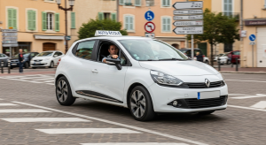 Voiture auto-école blanche en leçon de conduite dans le centre-ville de Gardanne, passant devant des panneaux de signalisation