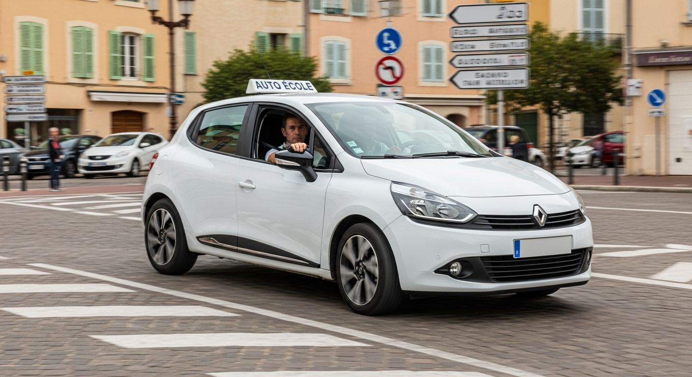 Voiture auto-école blanche en leçon de conduite dans le centre-ville de Gardanne, passant devant des panneaux de signalisation