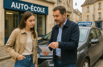Un jeune adulte échange avec un moniteur d’auto-école devant un établissement à Étampes, avec une voiture double commande garée à proximité.