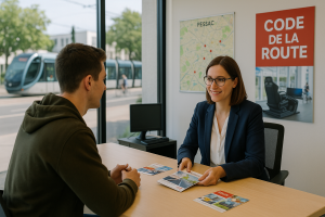 alt="Jeune adulte en discussion avec une conseillère pédagogique dans une auto-école moderne à Pessac. Carte de la ville, affiche Code de la route et simulateur de conduite visibles. Tramway et cyclistes à l'extérieur."