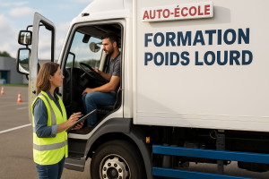 Un élève assis dans un camion de formation poids lourd écoute les instructions d’un formateur en gilet jaune, sur une piste d’auto-école avec cônes de signalisation.