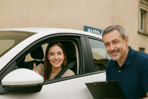 Une jeune femme souriante est assise au volant d’une voiture d’auto-école, pouce levé, tandis qu’un moniteur tient un clipboard et regarde la caméra avec un sourire bienveillant. À l’arrière-plan, on aperçoit la façade beige d’une auto-école à Épinal et une enseigne “AUTO-ÉCOLE”.