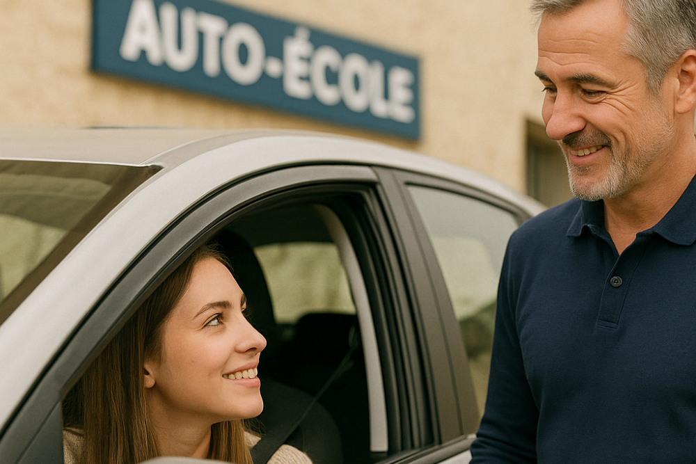 Un moniteur d’auto-école souriant discute avec une jeune élève assise au volant d’une voiture blanche. Le panneau rouge “AUTO-ÉCOLE” est visible sur le toit du véhicule, avec la façade en pierre de l’établissement en arrière-plan.