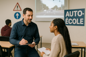 Un formateur en auto-école échange avec une jeune femme lors d’un cours de code dans une salle de formation à Gennevilliers. Une projection de situation de conduite est visible à l’arrière-plan, ainsi que le panneau “AUTO-ÉCOLE” et des panneaux de signalisation accrochés au mur.