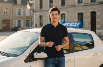 Jeune conducteur de 17 ans souriant et confiant, tenant ses clés de voiture devant un véhicule auto-école en ville, illustrant la réussite du permis