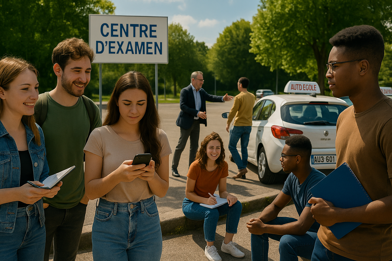 Jeunes candidats au permis de conduire attendant leur tour devant un centre d’examen, avec voitures d’auto-école en arrière-plan.