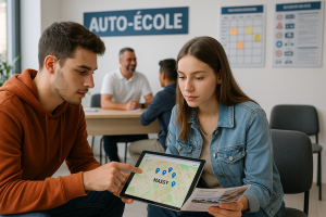 Deux jeunes adultes consultent une carte interactive des auto-écoles à Massy sur une tablette, dans une salle d'attente moderne et lumineuse