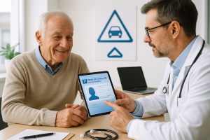 Conducteur senior lors d’un contrôle médical pour le renouvellement de son permis de conduire, échangeant avec un médecin dans un cabinet lumineux, illustrant la mesure du contrôle médical dès 70 ans.