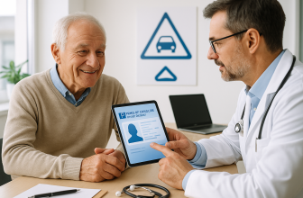 Conducteur senior lors d’un contrôle médical pour le renouvellement de son permis de conduire, échangeant avec un médecin dans un cabinet lumineux, illustrant la mesure du contrôle médical dès 70 ans.
