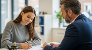 Jeune femme souriante signant un contrat d'inscription ou un document administratif dans un bureau d'auto-école, face à un responsable