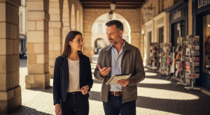 Moniteur de l'Auto-École Benoit et élève discutant sous les arcades historiques de Louhans, illustrant une pédagogie sereine.