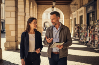 Moniteur de l'Auto-École Benoit et élève discutant sous les arcades historiques de Louhans, illustrant une pédagogie sereine.
