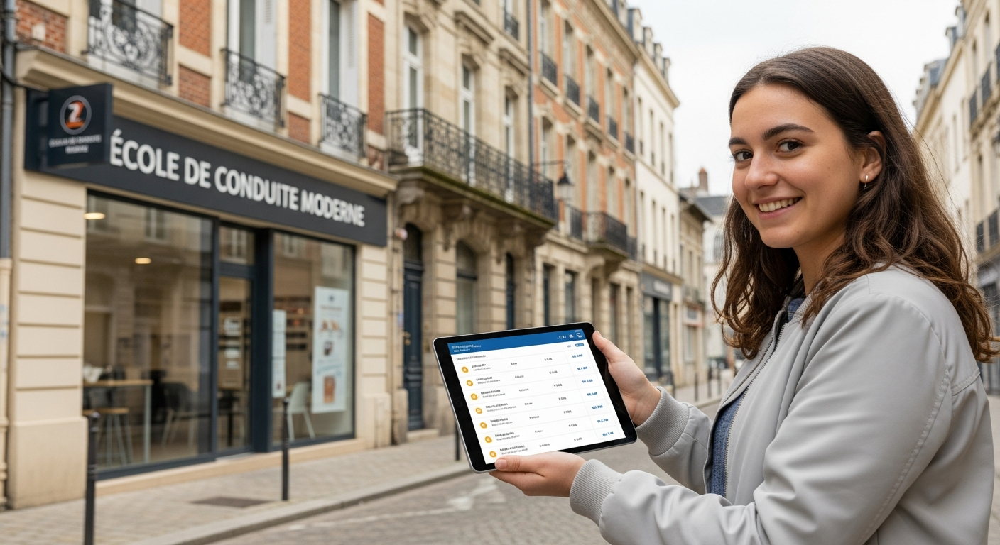Étudiant comparant les offres d'auto-écoles à Alençon sur tablette devant une agence de conduite locale