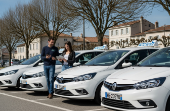Instructeur d'auto-école et élève effectuant une vérification extérieure sur une voiture blanche récente à l'aide d'une tablette tactile, parking ensoleillé à Saint-Jean.