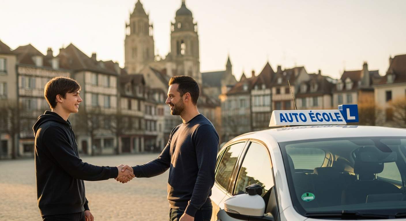 Étudiant validant son inscription auprès d'un moniteur d'auto-école sur la Place Saint-Vincent à Chalon-sur-Saône.