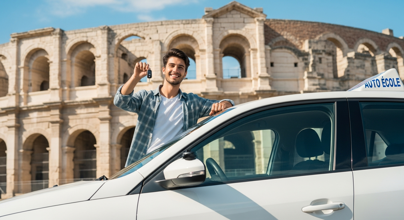 Jeune conducteur souriant tenant ses clés devant une voiture auto-école avec les Arènes d'Arles en arrière-plan