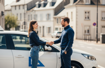 Une élève d’auto-école serre la main de son moniteur après une leçon de conduite réussie, debout à côté d’un véhicule double commande.