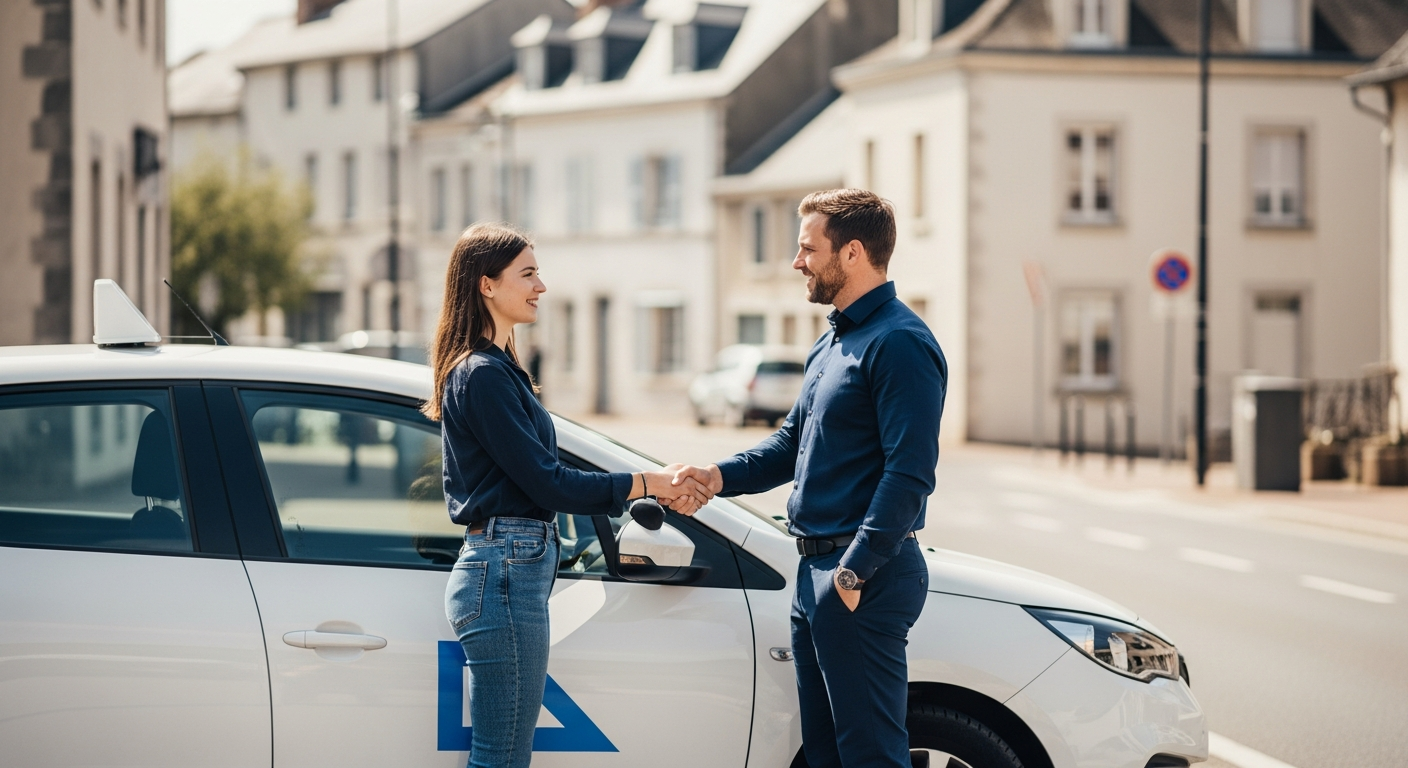 Une élève d’auto-école serre la main de son moniteur après une leçon de conduite réussie, debout à côté d’un véhicule double commande.