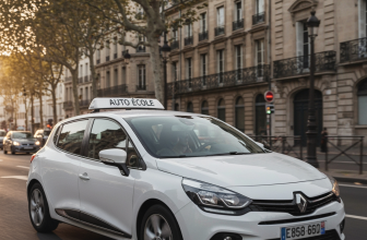 Voiture auto-école blanche circulant sur une avenue arborée à Montrouge pour une leçon de conduite en ville.