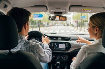 Vue intérieure d'une voiture auto-école lors d'une leçon de conduite à Rosny-sous-Bois, avec un élève au volant et une monitrice donnant des instructions.