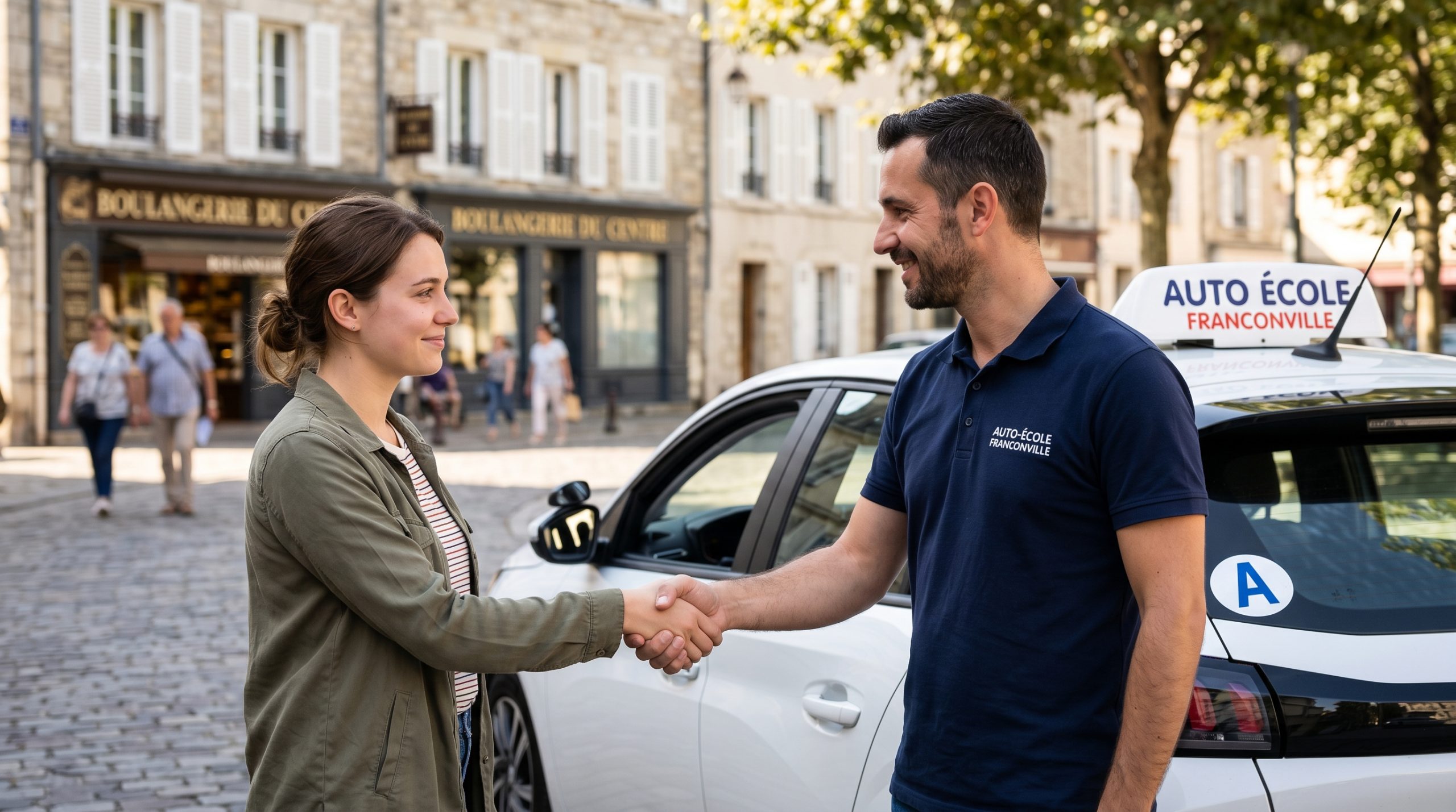 Moniteur d'auto-école et élève se serrant la main devant une voiture double commande à Franconville. Permis CPF.